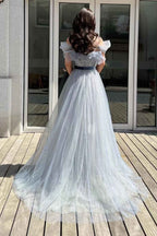 Gorgeous Off the Shoulder A Line Sequins Tulle Prom Dress With Belt Beads