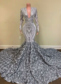 Silver V-Neck Long Sleeves Sequins Lace Mermaid Prom Dress with Flower Bottom BM bride