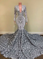 Silver V-Neck Long Sleeves Sequins Lace Mermaid Prom Dress with Flower Bottom BM bride