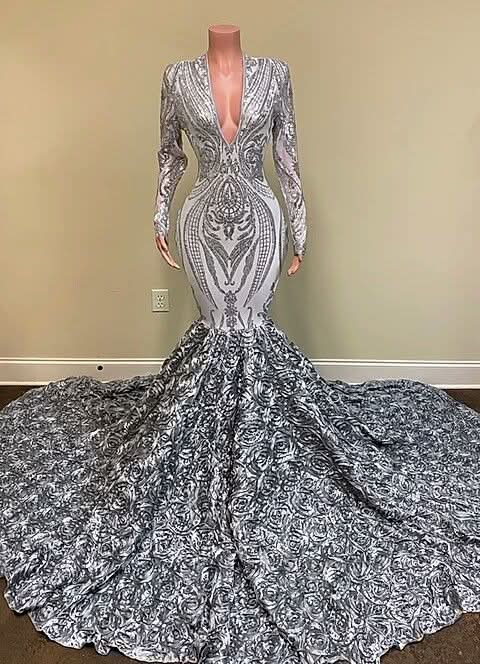 Silver V-Neck Long Sleeves Sequins Lace Mermaid Prom Dress with Flower Bottom BM bride