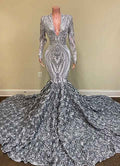 Silver Sequins Lace V Neck Long Sleeves Prom Dress Mermaid With Flowers Bottom