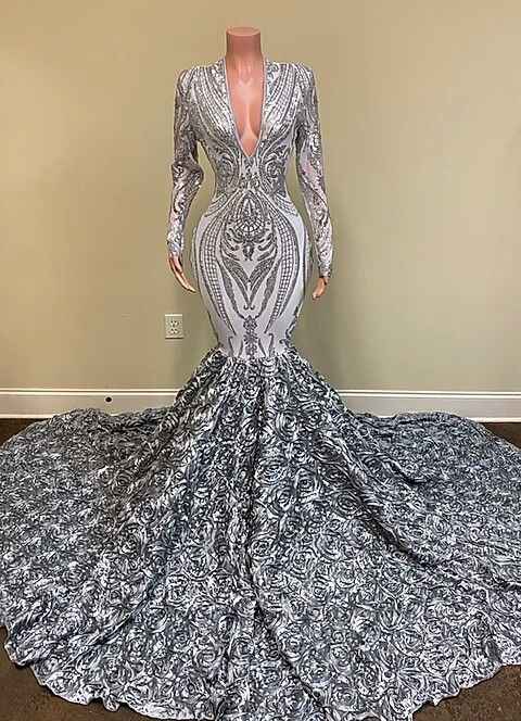 Silver Sequins Lace V Neck Long Sleeves Prom Dress Mermaid With Flowers Bottom