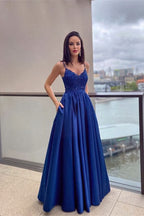 Royal Blue Lace Appliques Prom Dress with Pockets BM bride