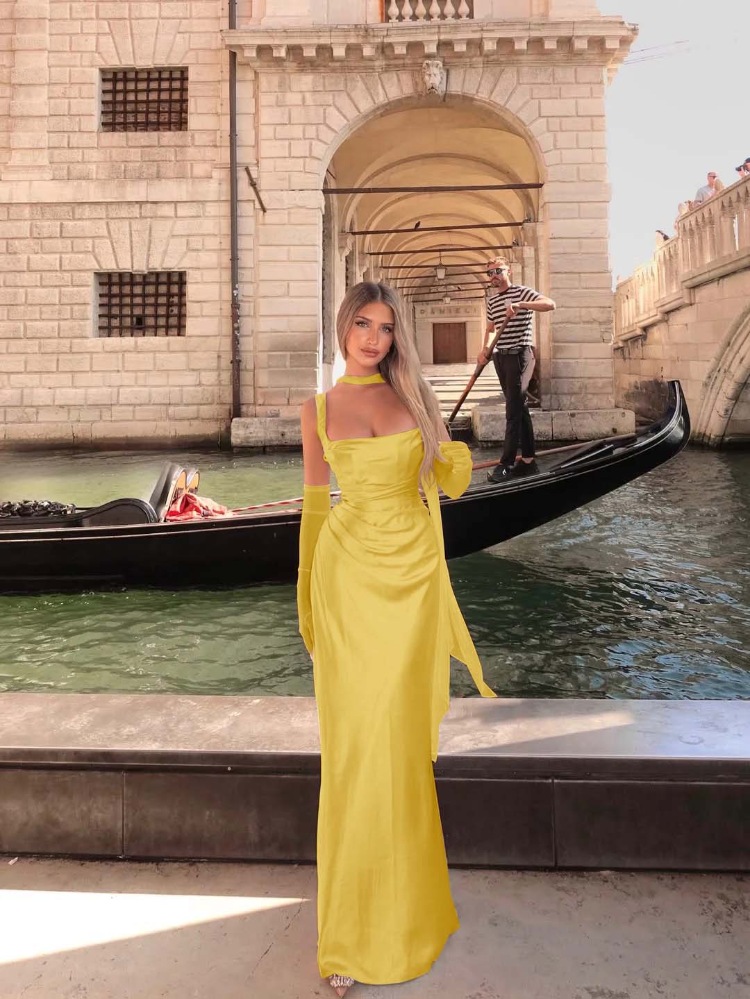 Spaghetti Strap Sleeveless Long Mermaid Prom Dress With Gloves BMBRIDE