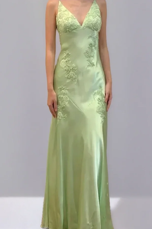 Spaghetti Strap V Neck Sleeveless Long Prom Dress With Appliques