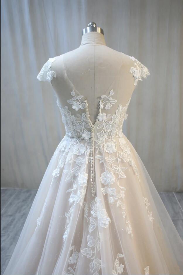 A-Line Bateau Backless Floor-Length Wedding Dress with Lace Tulle Appliques BM bride
