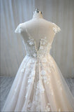 A-Line Bateau Backless Floor-Length Wedding Dress with Lace Tulle Appliques BM bride