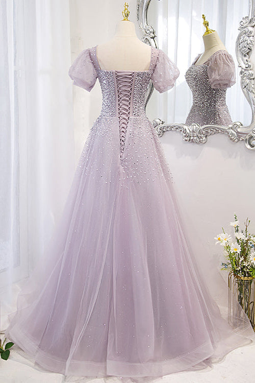 Chic Lace Up Prom Dress Beadings A Line Short Sleeves With Square Online BMBRIDE