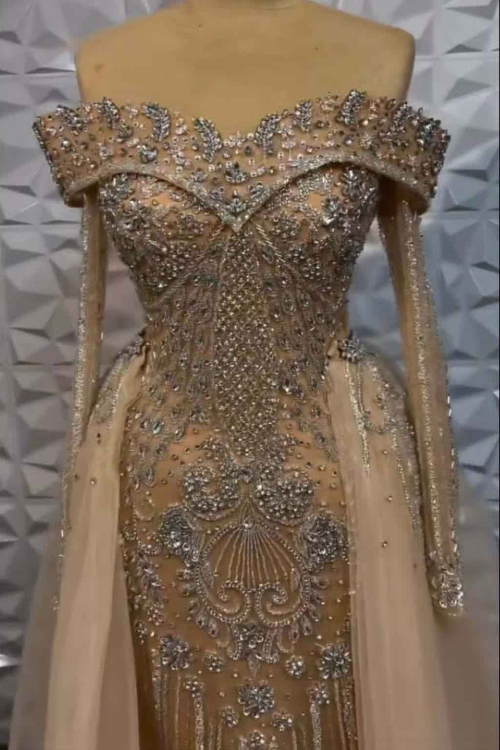 Off the Shoulder Long Sleeves Long Prom Dress With Beading Tulle
