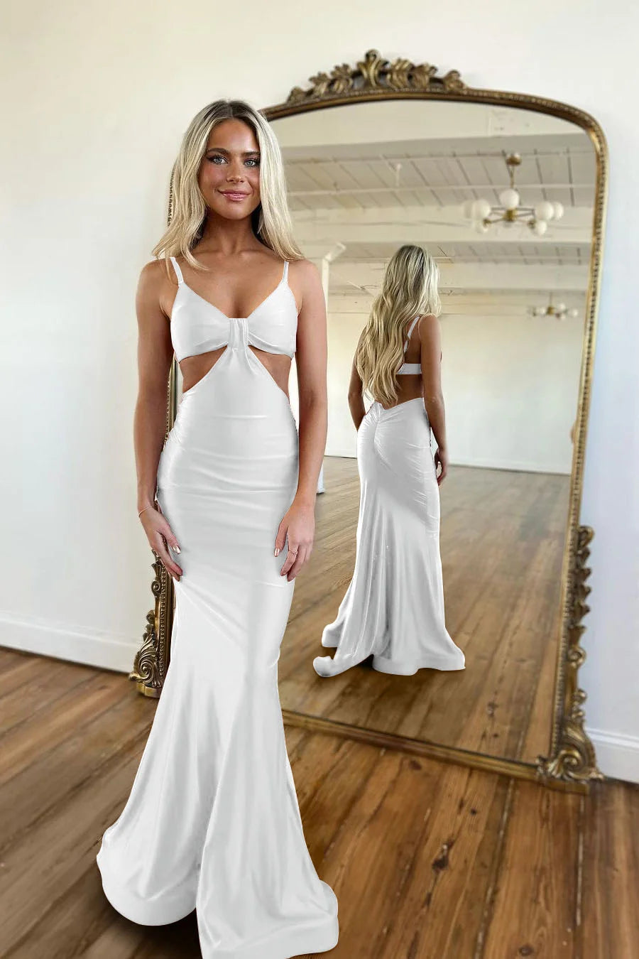 Red Waistless Sleeveless Tight Fitting Spaghetti Strap Mermaid Prom Dress BMBRIDE