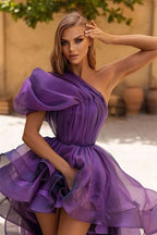 Dark Purple One Shoulder Hi-Lo Short Prom Dress with Long Ruffles Online BM bride