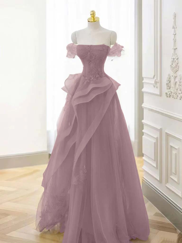 Tulle Off the Shoulder Sleeveless Long Prom Dress With Appliques BMBRIDE