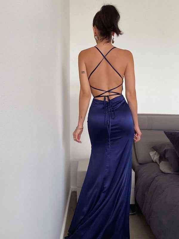 Backless Sleeveless Mermaid Navy Blue Pleated Prom Dress With Front Split