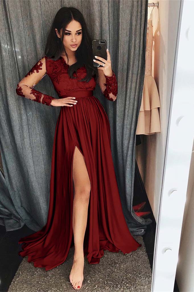 Charming Long Sleeves Front Split High Waist Prom Dress With Lace Appliques BMBRIDE