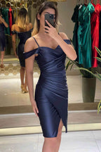 Sleeveless Short Mermaid Pleated Prom Dress Spaghetti Strap With Front Split