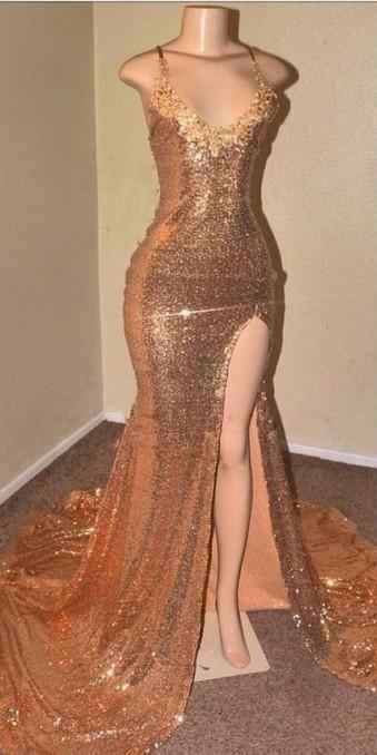 Champagne Gold Sequins Spaghetti Strap V Neck Sleeveless Mermaid Prom Dress