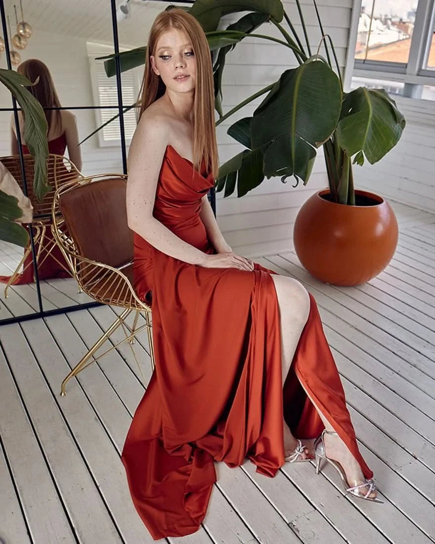 Red Strapless Prom Dress with Pleated Split Mermaid Design BM bride