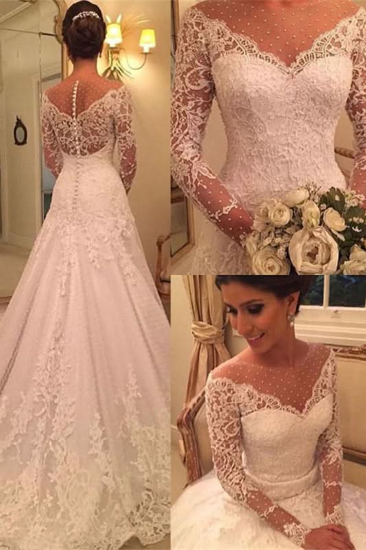 Glamorous Long Sleeve Princess Wedding Dress with Lace Appliques and Pearls BM bride