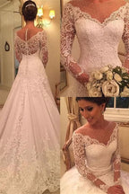 Glamorous Long Sleeve Princess Wedding Dress with Lace Appliques and Pearls BM bride