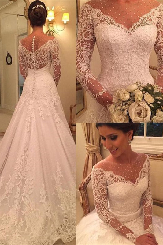 Glamorous Long Sleeve Princess Wedding Dress with Lace Appliques and Pearls BM bride