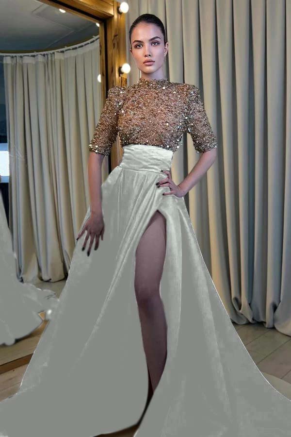 Black And Champagne Long Prom Dress Half Sleeves With High Slit