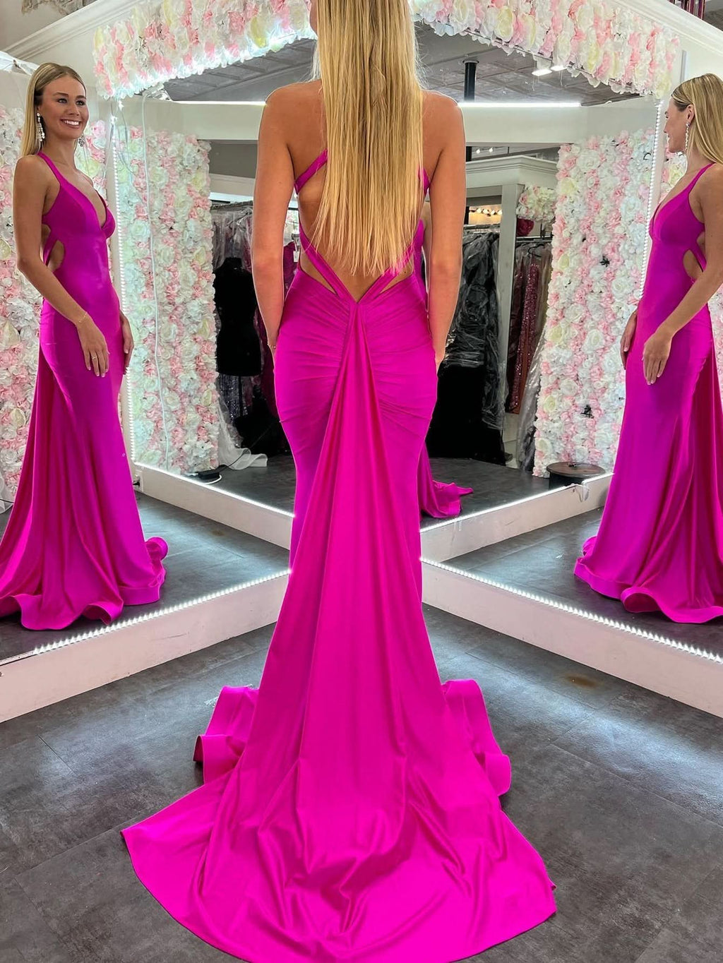 Romantic Mermaid Pink V Neck Backless Satin Long Prom Dress BM bride