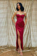 Spaghetti Strap Front Split Burgundy Mermaid Prom Dress With Beading