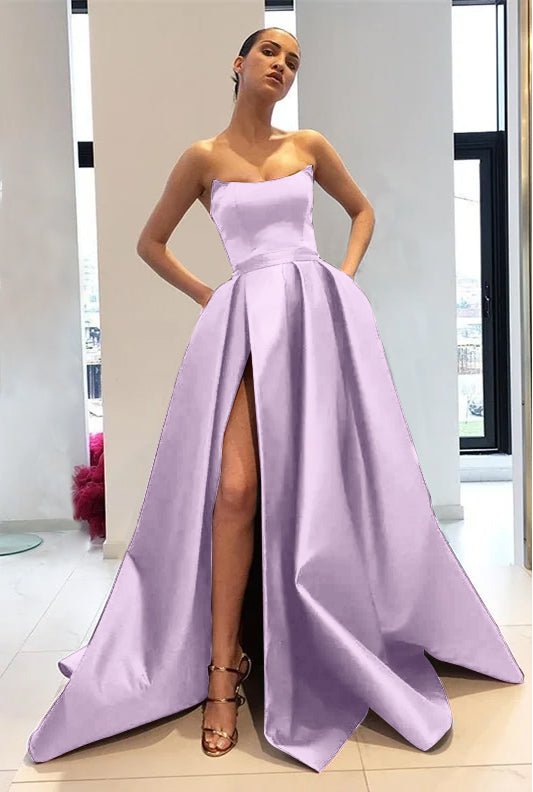 Chic Strapless Burgundy Sleeveless A Line Long Prom Dress With Front Split