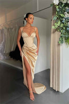 Simple Orange Satin Sleeveless Spaghetti Strap Long Prom Dress With Split