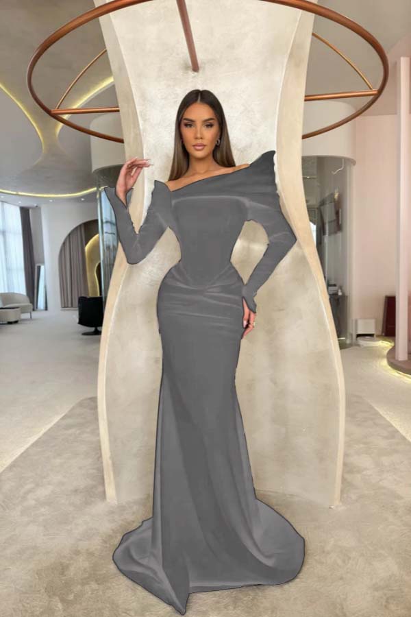 Off the Shoulder Long Sleeves Long Mermaid Prom Dress With Pleated BMBRIDE