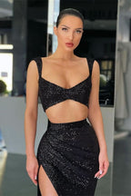 Black Two-Piece Mermaid Straps Prom Dress with Sequins and Split BM bride