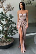 Mermaid Spaghetti Strap Sleeveless Pleated Long Prom Dress With High Split