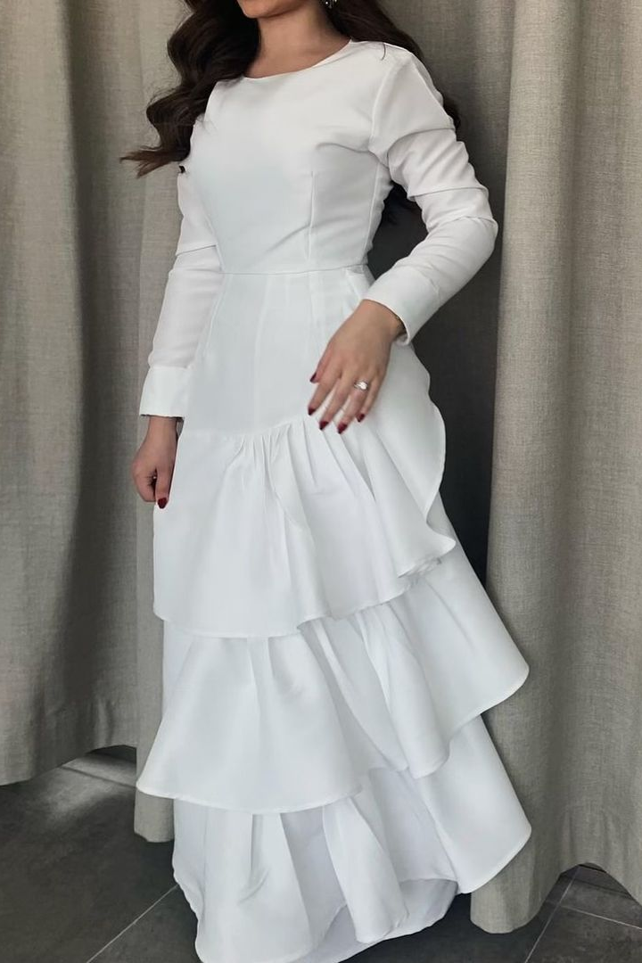 Jewel Neck Long Sleeves Long Prom Dress With Ruffles Pleated