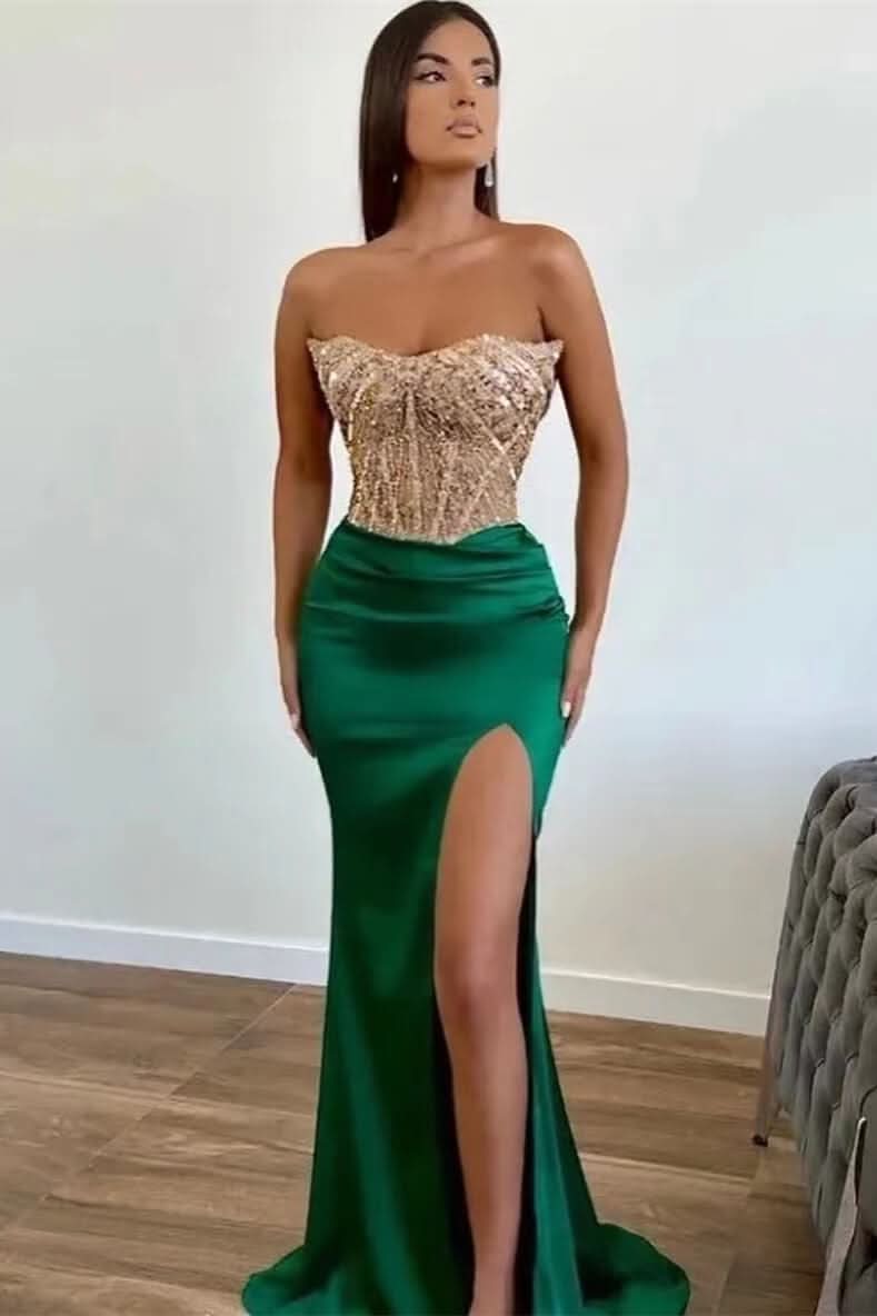 Strapless Green Mermaid Prom Dress with Beadings and Split Applique BM bride