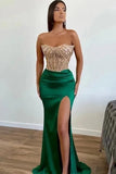 Strapless Green Mermaid Prom Dress with Beadings and Split Applique BM bride