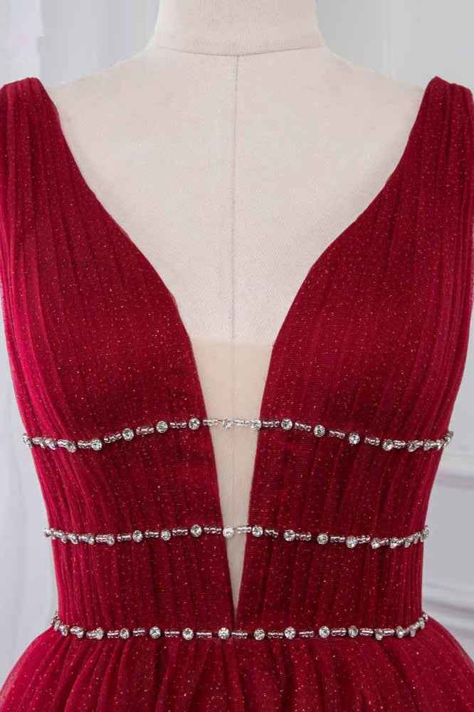Burgundy V Neck Sleeveless A Line Long Prom Dress With Beading