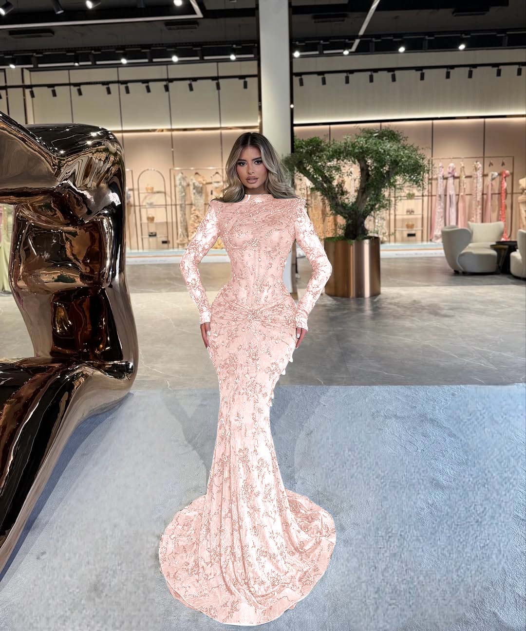 High Neck Long Sleeves Long Mermaid Prom Dress With Beading Pleated BMBRIDE
