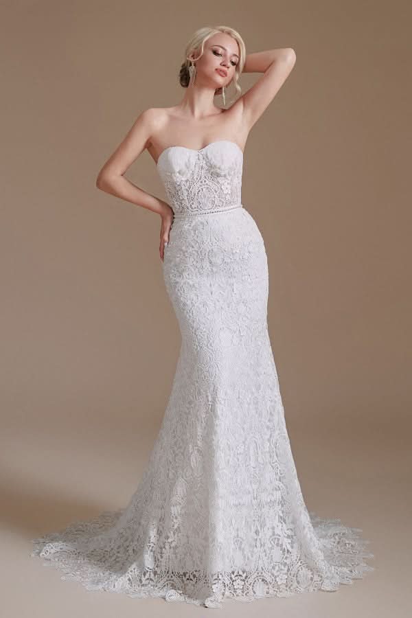 Long Mermaid Sweetheart Lace Wedding Dress with Detachable Sleeves BM bride