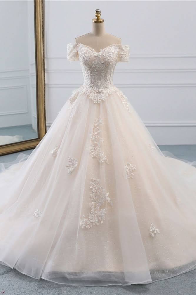 Princess Off-the-Shoulder Tulle Wedding Dress with Lace Appliques BM bride