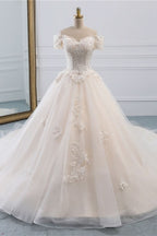 Princess Off-the-Shoulder Tulle Wedding Dress with Lace Appliques BM bride