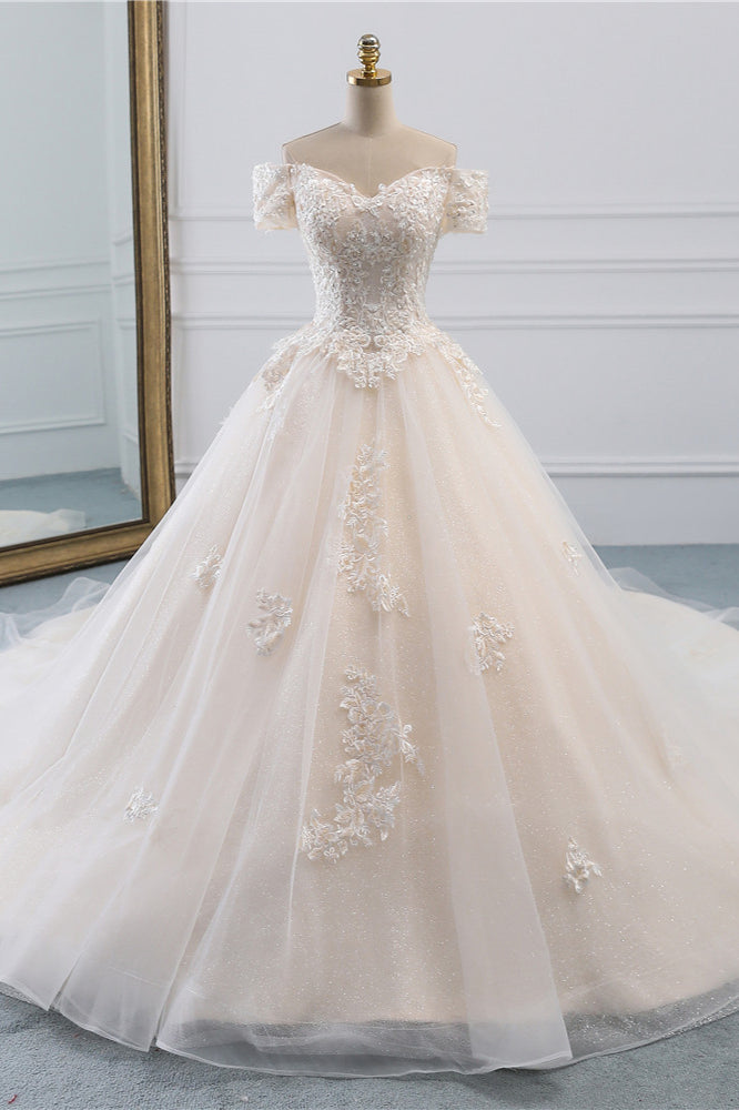 Princess Off-the-Shoulder Tulle Wedding Dress with Lace Appliques BM bride
