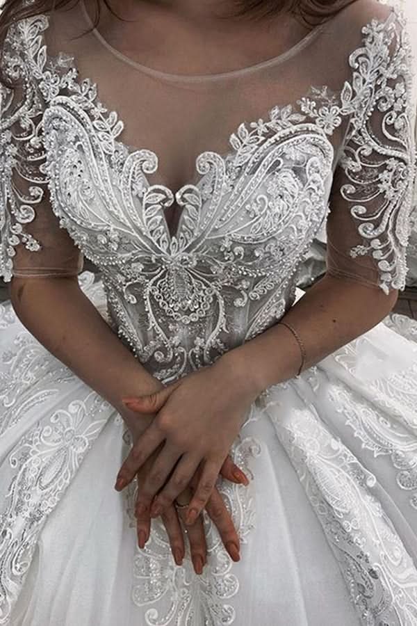 Sheer Tulle Ball Gown Wedding Dress With Appliques Short Sleeves BM bride