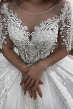 Sheer Tulle Ball Gown Wedding Dress With Appliques Short Sleeves BM bride
