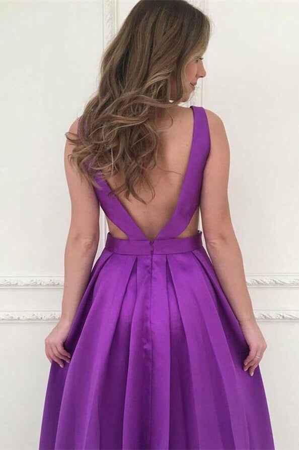 Chic V Neck Purple Sleeveless Backless A-Line Long Prom Dress With Pockets