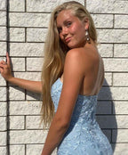 Strapless Sleeveless Appliques Mermaid Sky Blue Prom Dress With High Split