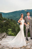 V-neck Spaghetti Straps Backless Mermaid Wedding Dress With Lace Appliques BM bride