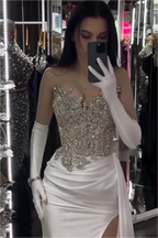 Charming White Sequins Strapless Sleeveless Pleated Long Prom Dress With Gloves