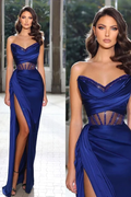 Strapless Sleeveless Long Mermaid Prom Dress With Split Pleated BMBRIDE