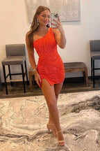 Glitter Fuchsia One Shoulder Beaded Tight Homecoming Dress Bmbride