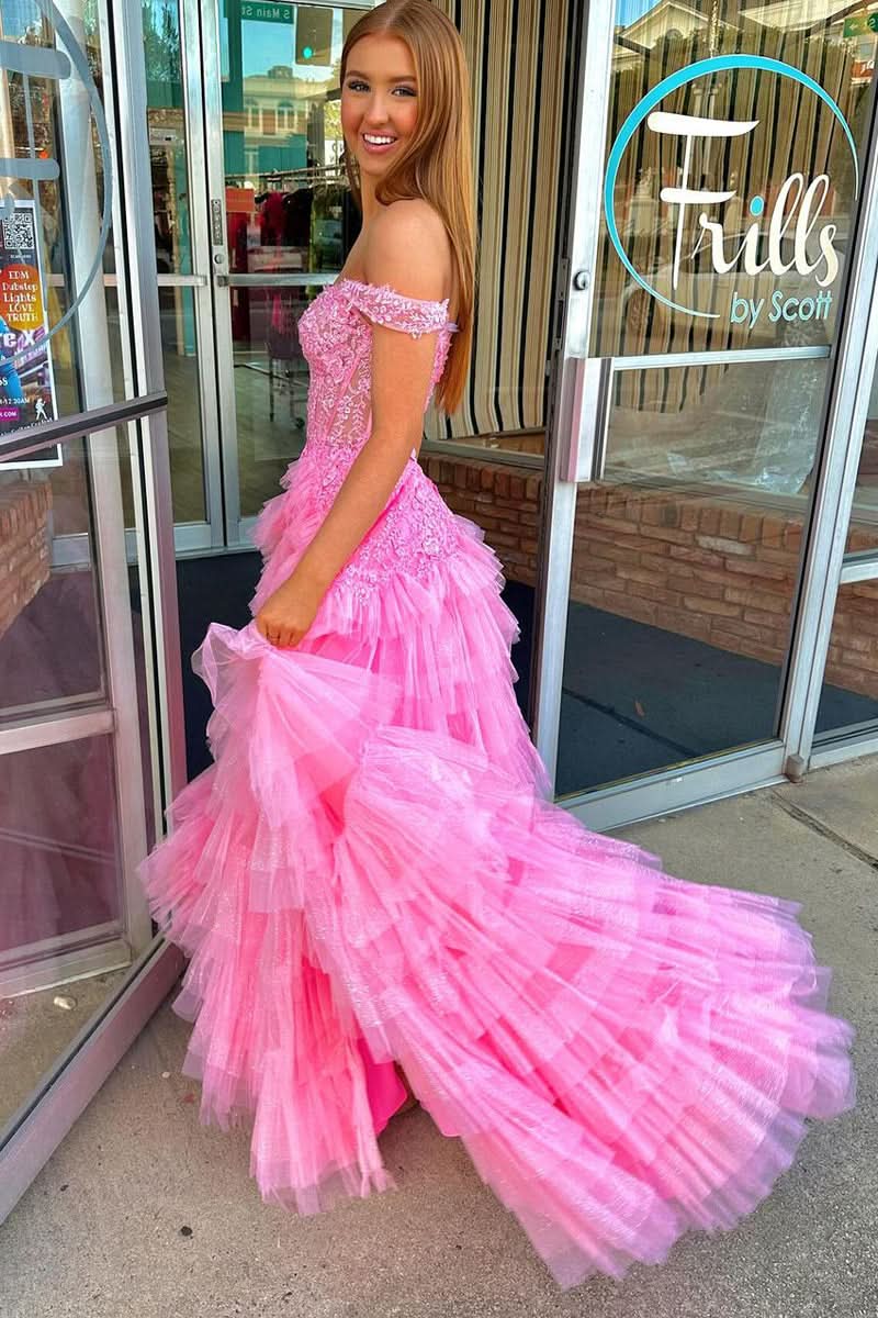 Romantic Off-the-Shoulder Pink Ruffle Tulle Long Prom Dress with Appliques BM bride